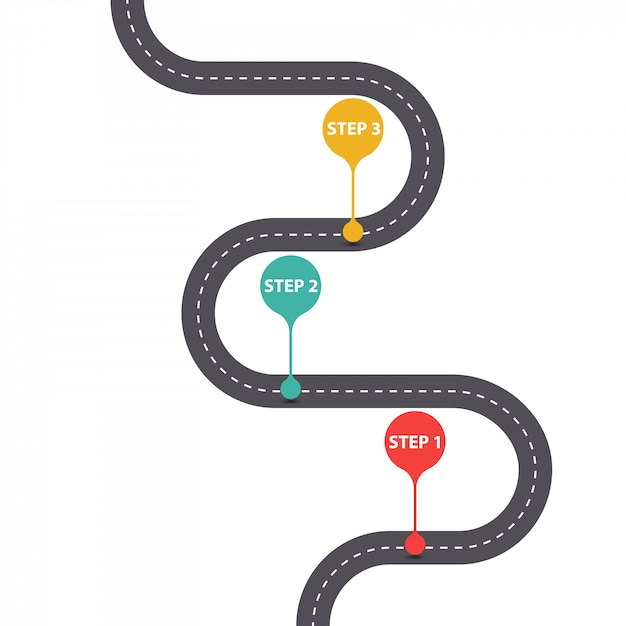 Infographic sjabloon met drie stappen asfalt Road diagram