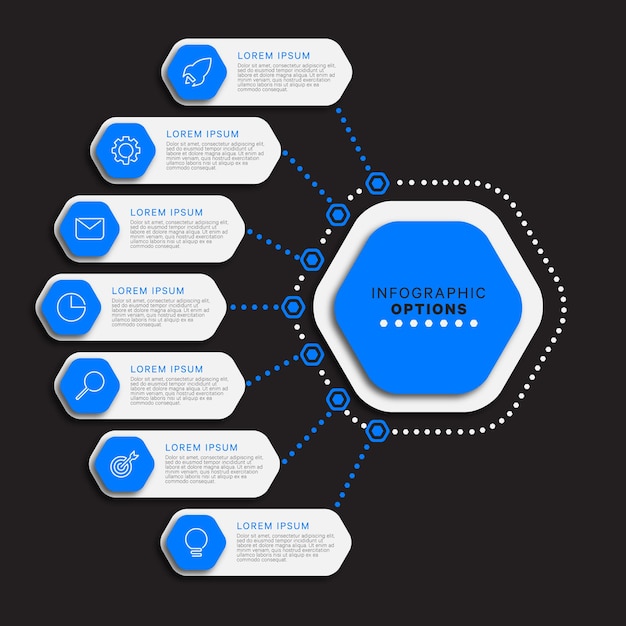 Infographic sjabloon met zeven blauwe zeshoekige opties op een zwarte achtergrond