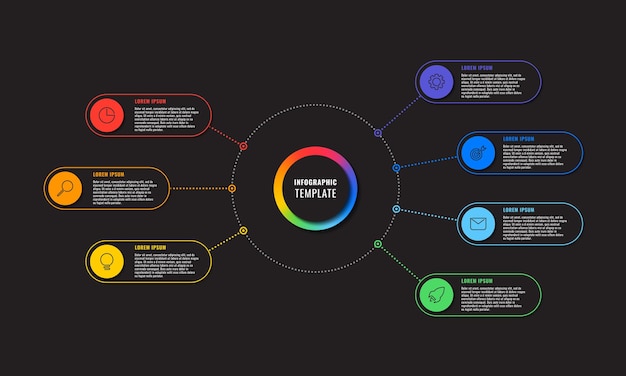 Infographic sjabloon met zeven dunne lijn multicolor ronde elementen op zwarte achtergrond