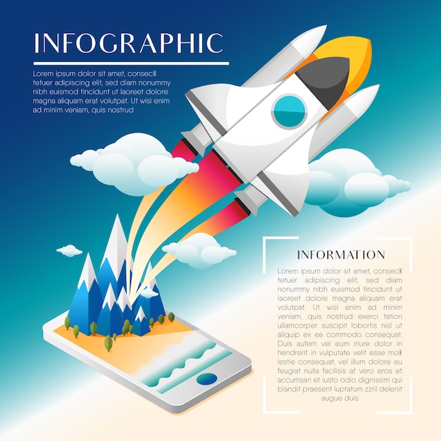 Infographic sjabloon ruimteschip vliegen van mobiel naar de ruimte