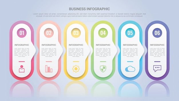 Infographic sjabloon voor het bedrijfsleven met zes stappen Multicolor Label