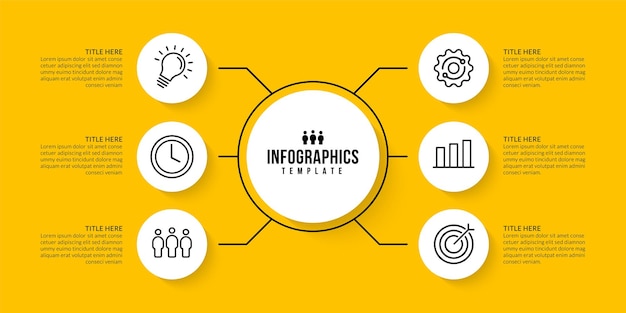 Infographic sjabloonontwerp met 6 opties op gele achtergrond Business data visualisatie concept