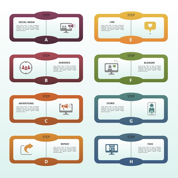 Infographic social media template icons in different colors