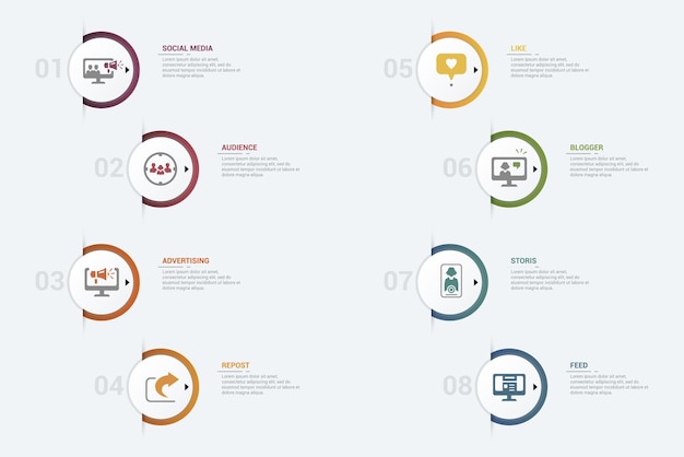 Инфографические иконки шаблонов социальных сетей разных цветов