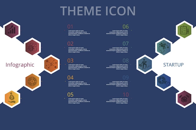 Infographic startup sjabloon pictogrammen in verschillende kleuren