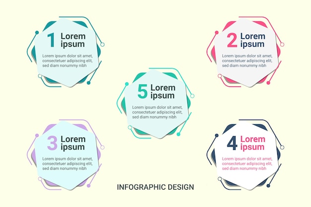 Infographic steps presentation template with five hexagonal options