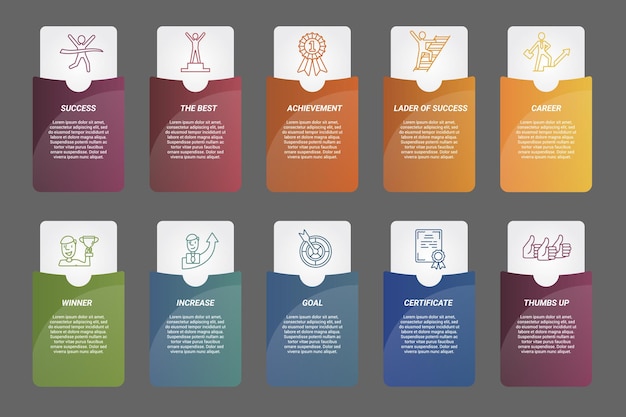 Infographic Success template Icons in different colors Include Success The Best Achievement Lader Of Success and others
