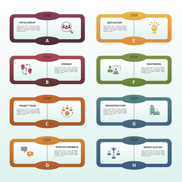 Infographic team building template icons in different colors