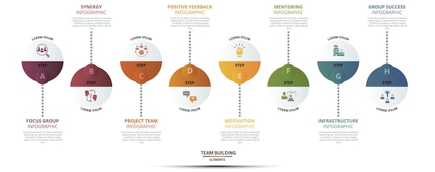 Infographic team building template icons in different colors