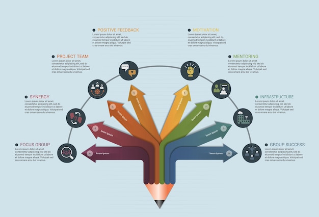 Infographic teambuilding sjabloon pictogrammen in verschillende kleuren