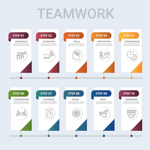 Infographic Teamwork-sjabloon Pictogrammen in verschillende kleuren omvatten Teamwork Trust Vision Planning en anderen