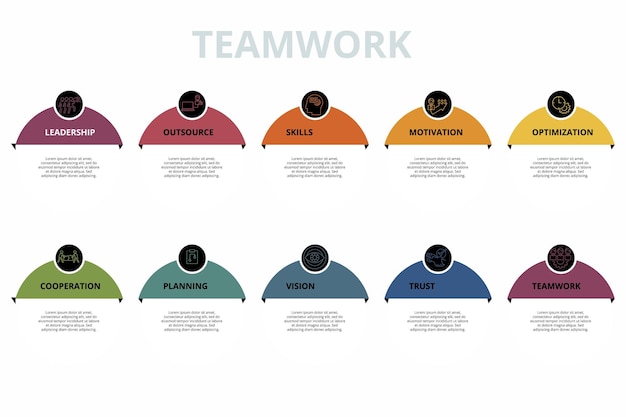 Infographic Teamwork-sjabloon Pictogrammen in verschillende kleuren omvatten Teamwork Trust Vision Planning en anderen