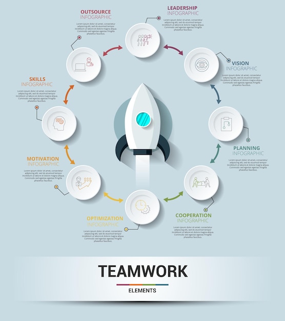 Infographic teamwork template icons in different colors