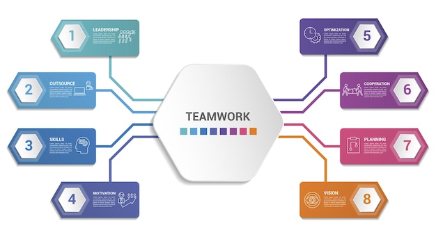 Infographic teamwork template icons in different colors