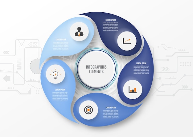 Tecnologia infografica con etichetta di carta 3d, cerchi integrati. concetto di affari con 5 opzioni. per contenuto, diagramma, diagramma di flusso, passaggi, parti, infografiche della sequenza temporale, flusso di lavoro, grafico.