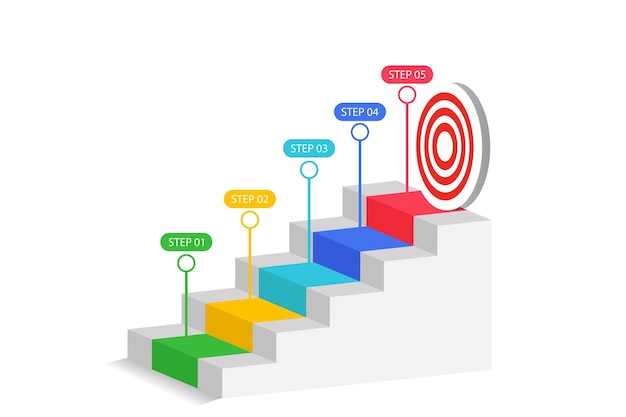 Modello di infografica 5 passaggi per la strada aziendale verso l'illustrazione vettoriale del successo