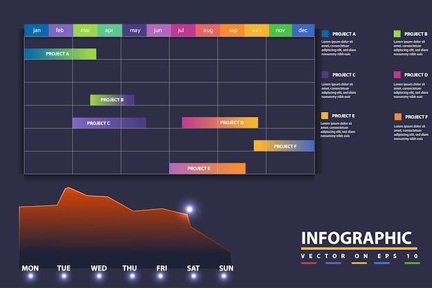 Инфографический шаблон для бизнеса. 12-месячная современная диаграмма Ганта с таблицей, презентация