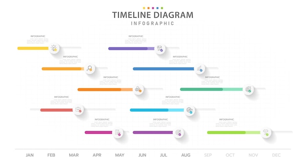 프로젝트 로드맵 프리젠테이션 벡터 인포그래픽이 포함된 비즈니스 12개월 현대 타임라인 다이어그램 캘린더용 인포그래픽 템플릿