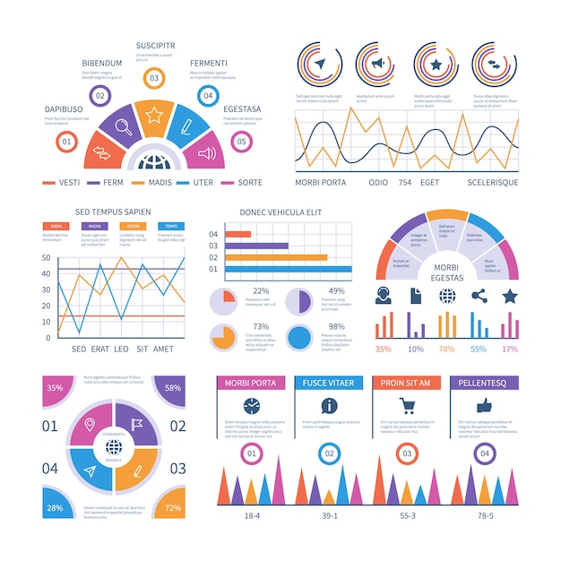 Modello di infografica. cruscotto, grafici a barre, grafico a torta e diagrammi a linee. infografica vettoriale analitica