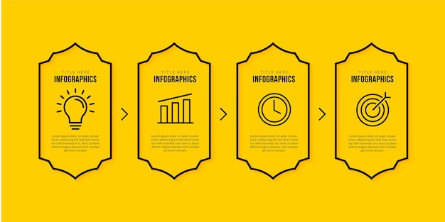 Infographic template design with 4 options, Business data visualization concept, Thin line icons style on yellow background