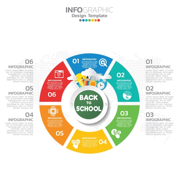 Infographic template design with 6 color options.