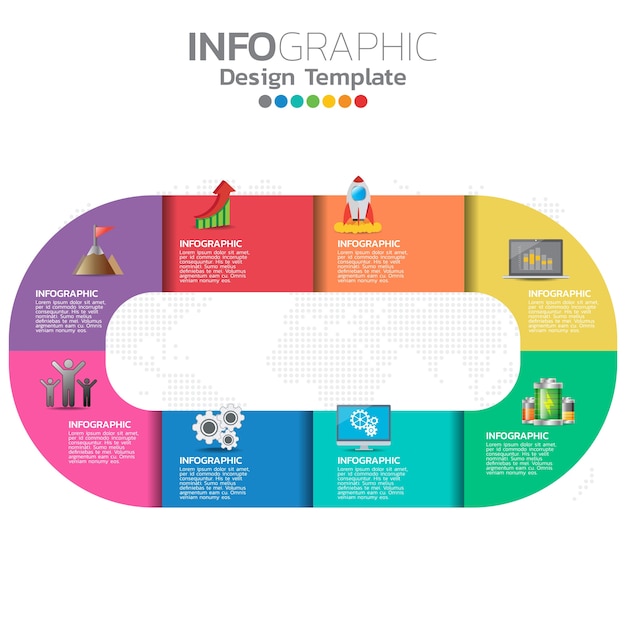 Vector infographic template design with 8 color options.