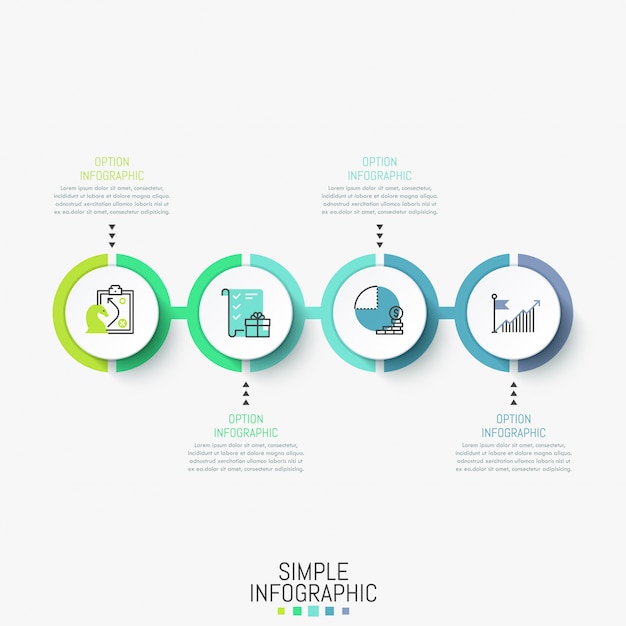 Vector infographic template. horizontal diagram with round elements successively connected by line, icons and text boxes.