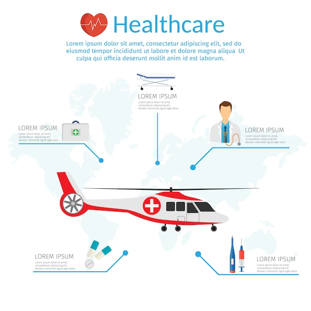 Modello di infografica per illustrazione vettoriale di concetto di medicina in stile moderno design piatto, elicottero medico.