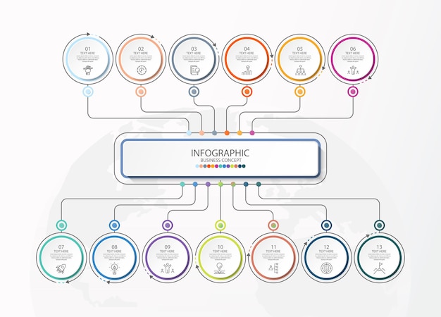 Modello infografico con 13 passaggi, processo o opzioni, diagramma di processo, utilizzato per diagramma di processo, presentazioni, layout del flusso di lavoro, diagramma di flusso, infografico. illustrazione di vettore eps10.