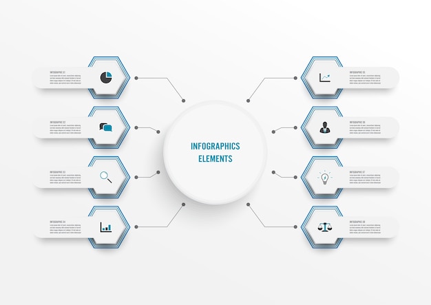 Infographic template with 3d paper label, integrated circles. business concept with 8 options.