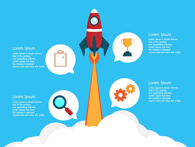 Modello di infografica con avvio aziendale in 4 passaggi con il lancio di un razzo