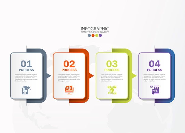 4つのステップ、プロセスまたはオプション、プロセスチャート、プロセス図、プレゼンテーション、ワークフローレイアウト、フローチャート、インフォグラフィックに使用されるインフォグラフィックテンプレート。ベクトルeps10イラスト。