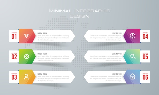 Modello di infographic con 6 opzioni, flusso di lavoro, diagramma di processo, infografica timeline design vettoriale