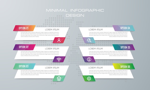 Modello di infografica con 6 opzioni, flusso di lavoro, diagramma di processo, progettazione infografica timeline