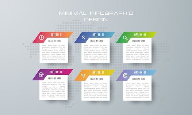 6 옵션, 워크 플로우, 프로세스 차트가있는 Infographic 템플릿