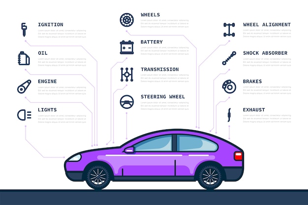 Инфографический шаблон с иконами автомобилей и автозапчастей