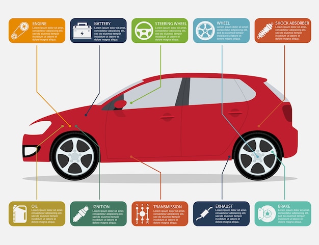 Modello di infografica con icone di parti di automobili e automobili, concetto di servizio e riparazione