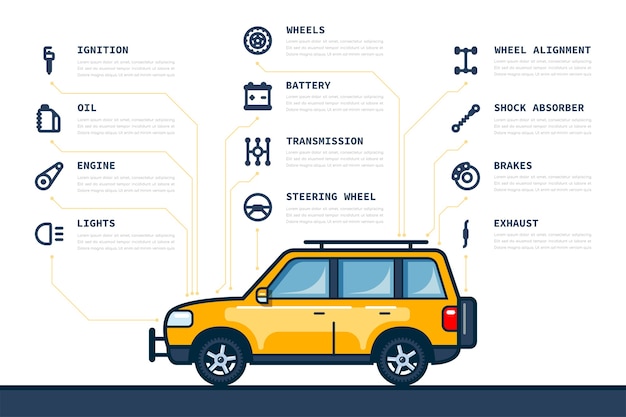 Infographic template with car and car parts icons