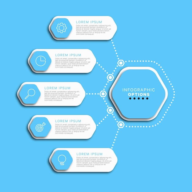 Infographic template with eight hexagonal elements with business icons on a light blue background