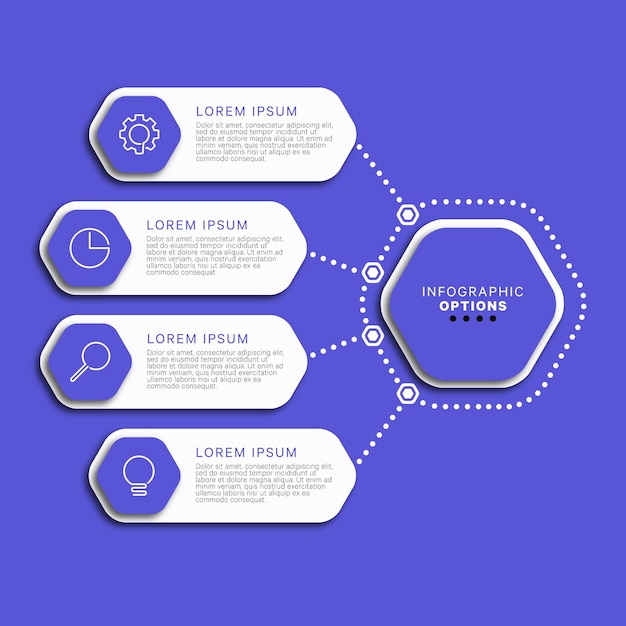 Infographic template with eight hexagonal elements with business icons on a violet background