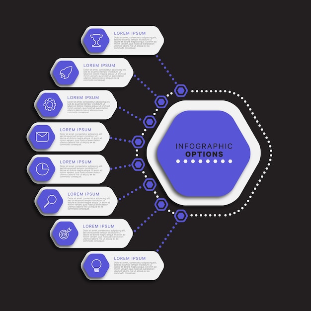 Вектор Шаблон инфографики с восемью фиолетовыми шестиугольниками на черном фоне