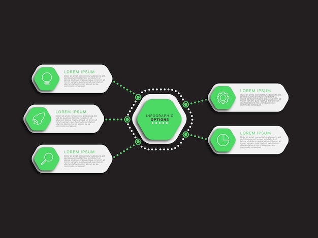黒の背景に5つの緑の六角形のオプションを持つインフォグラフィックテンプレート