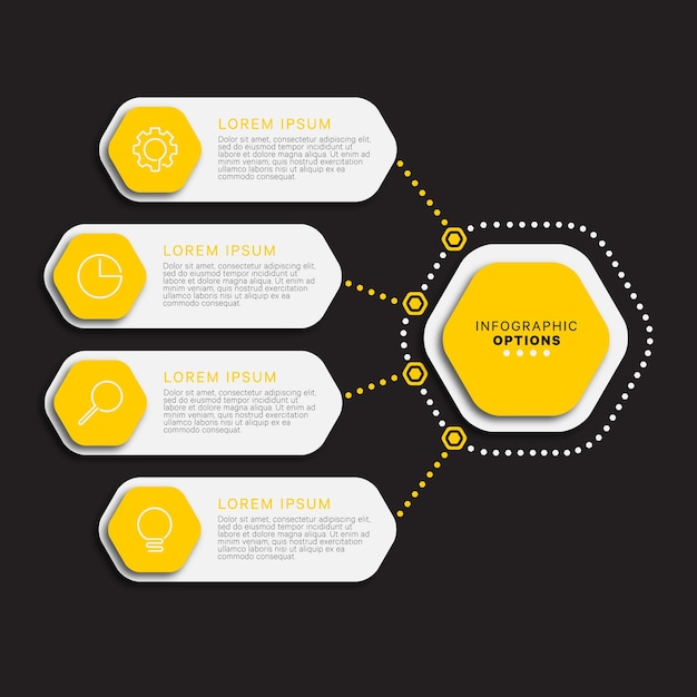 Infographic template with four yellow hexagonal options on a black background