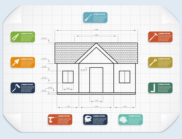 Modello di infografica con icone di progetto e strumenti di casa