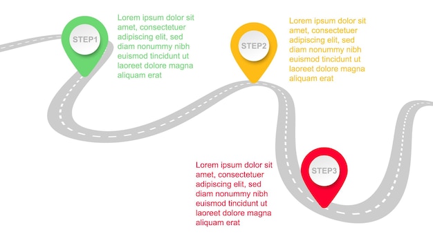 Modello di infografica con punto pin colore moderno mostra road map o processo aziendale in tre fasi