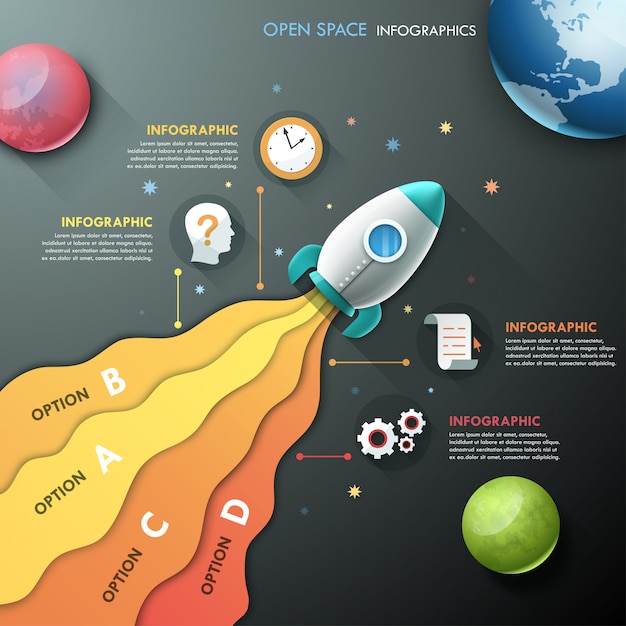 Infographic template with rocket and planets