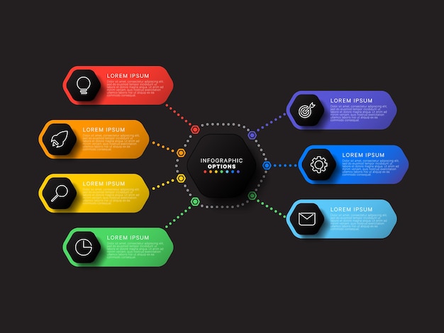 黒の背景に7つの多色六角形要素を持つインフォグラフィックテンプレート