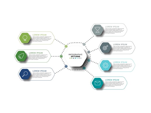 infographic template with seven multicolor hexagonal elements on a white background