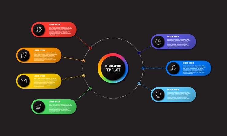 Vector infographic template with seven round elements on black background modern business process