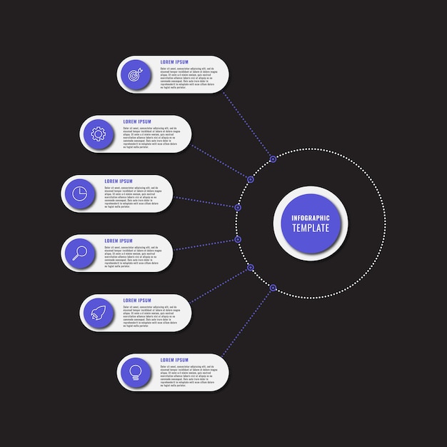 Вектор Инфографический шаблон с семью круглыми красными значками элементов и текстом на черном фоне